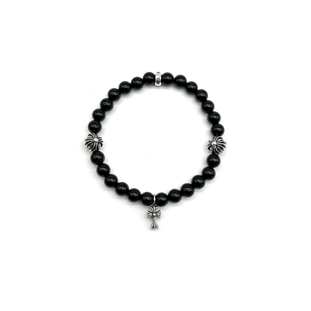Chrome Hearts Jewely 6mm Obsidian Silver Cross Beaded Bracelet