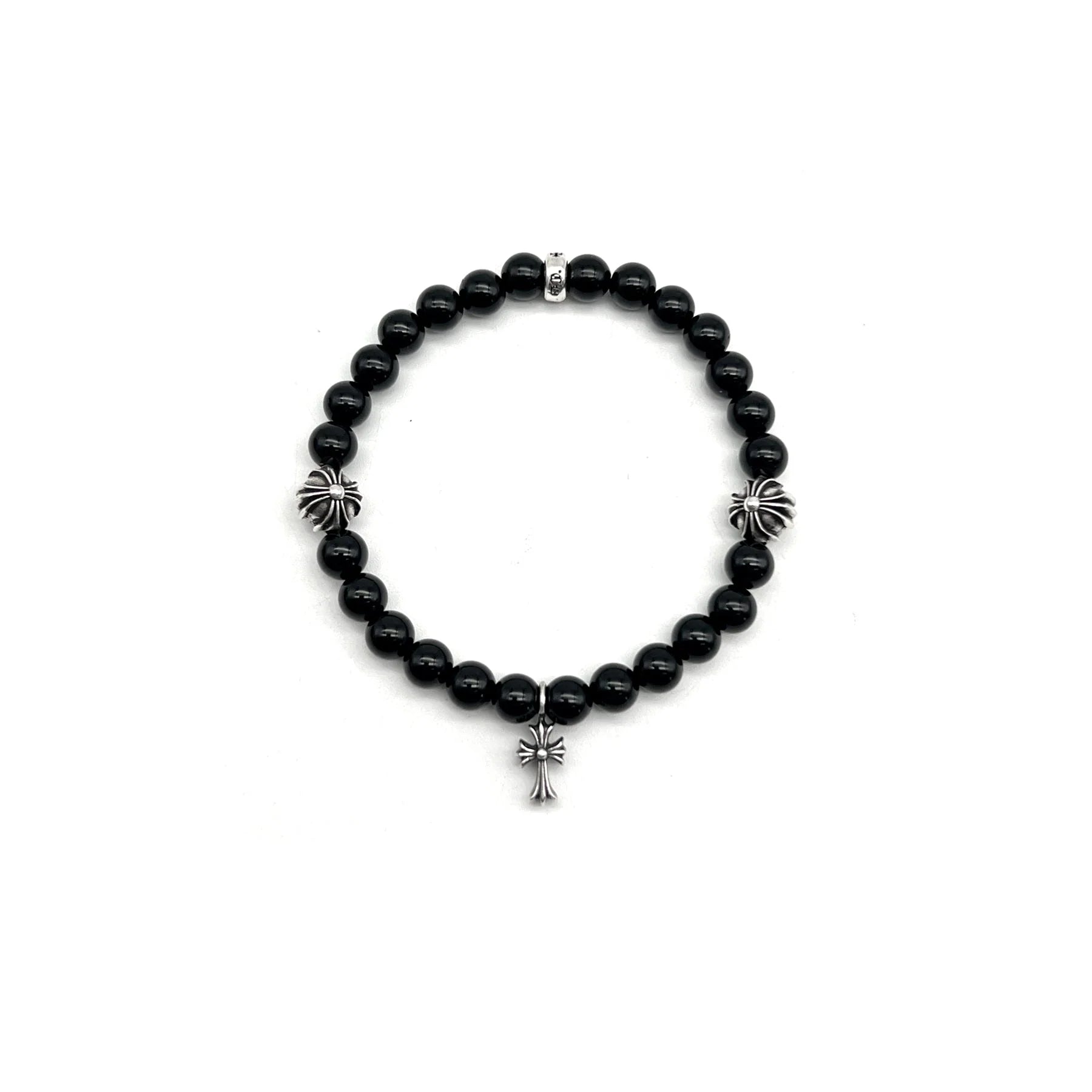 Chrome Hearts Jewely 6mm Obsidian Silver Cross Beaded Bracelet