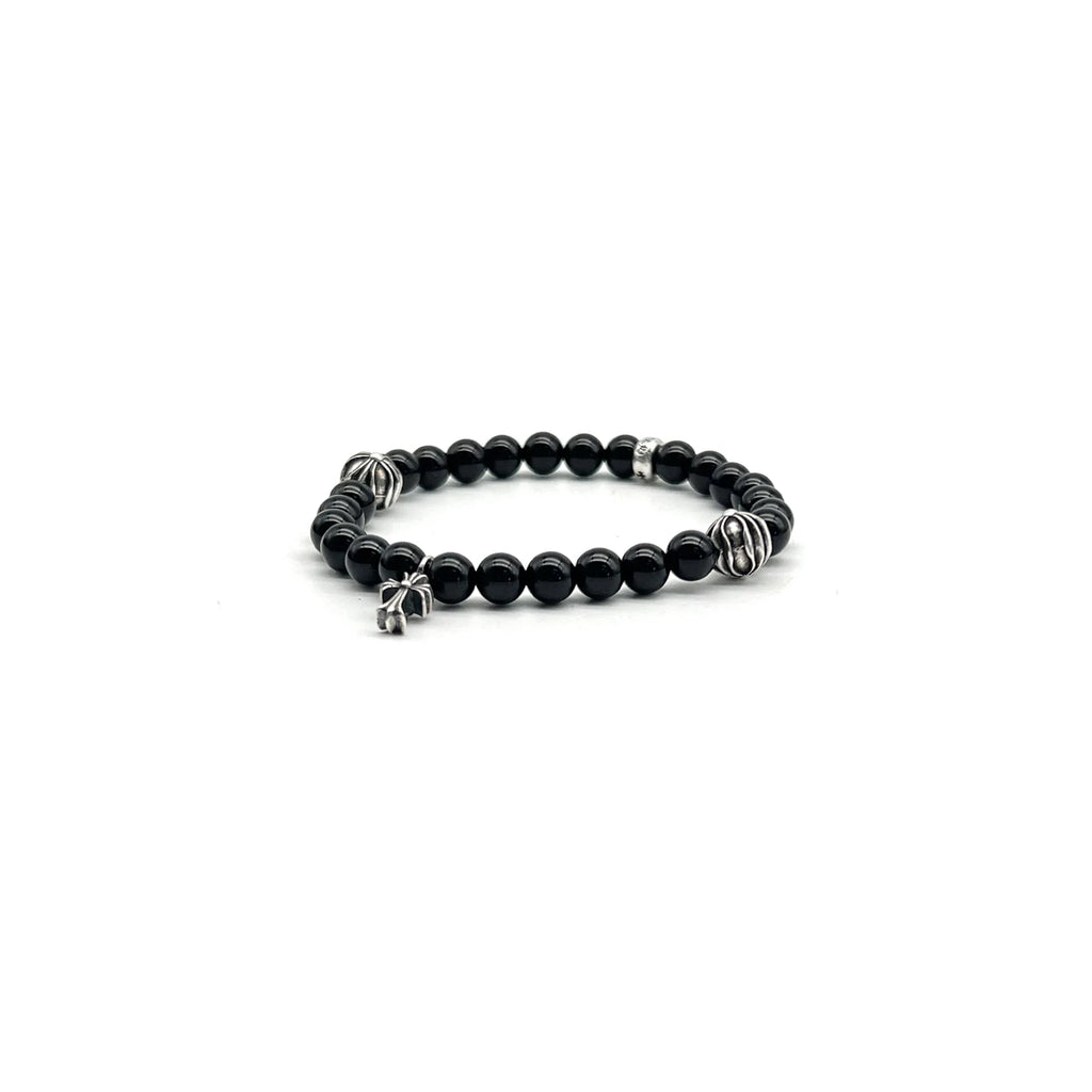 Chrome Hearts Jewely 6mm Obsidian Silver Cross Beaded Bracelet