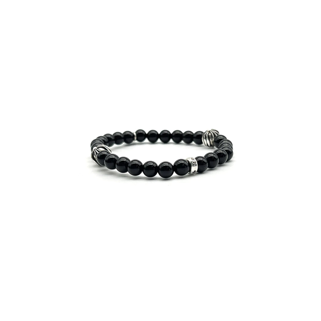 Chrome Hearts Jewely 6mm Obsidian Silver Cross Beaded Bracelet