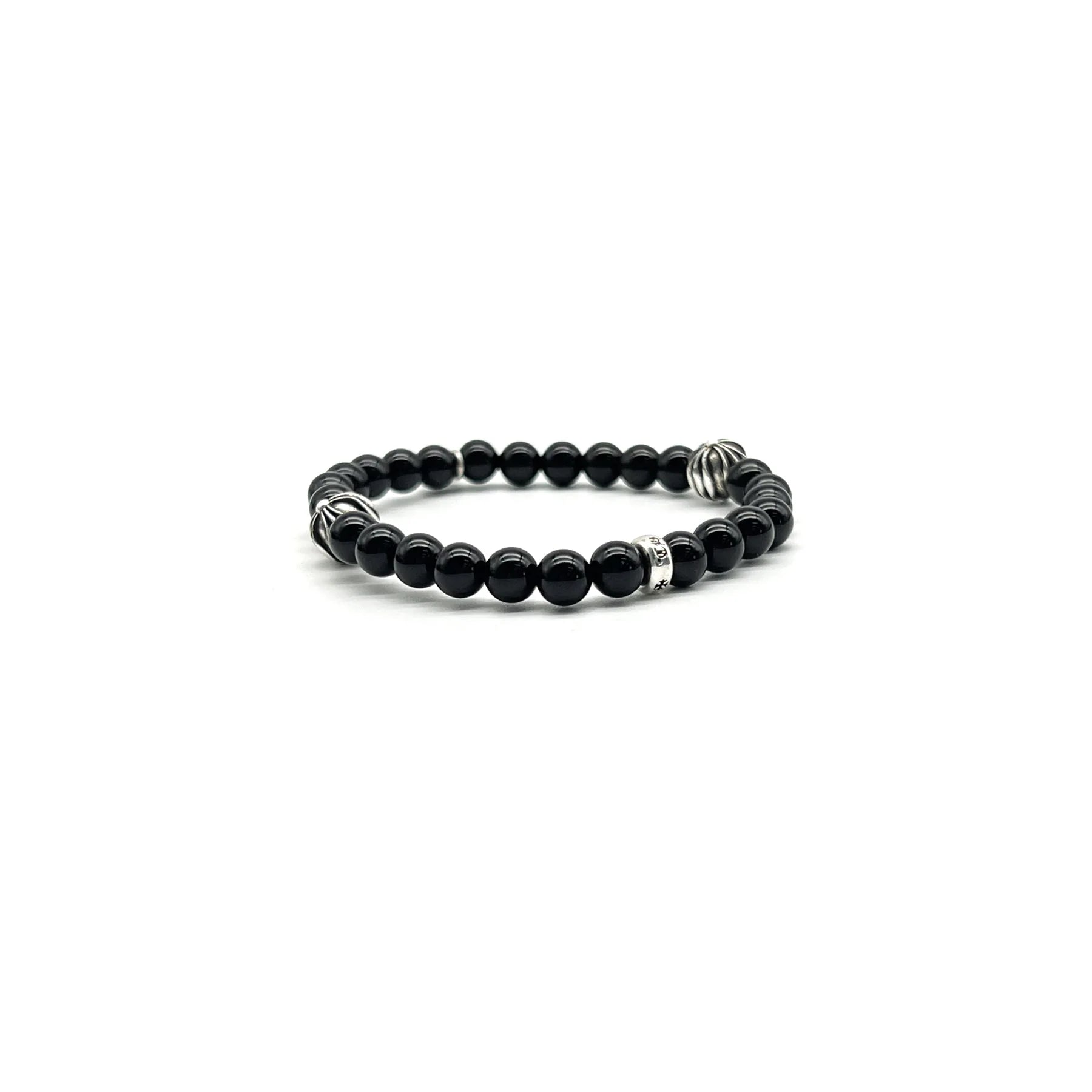 Chrome Hearts Jewely 6mm Obsidian Silver Cross Beaded Bracelet