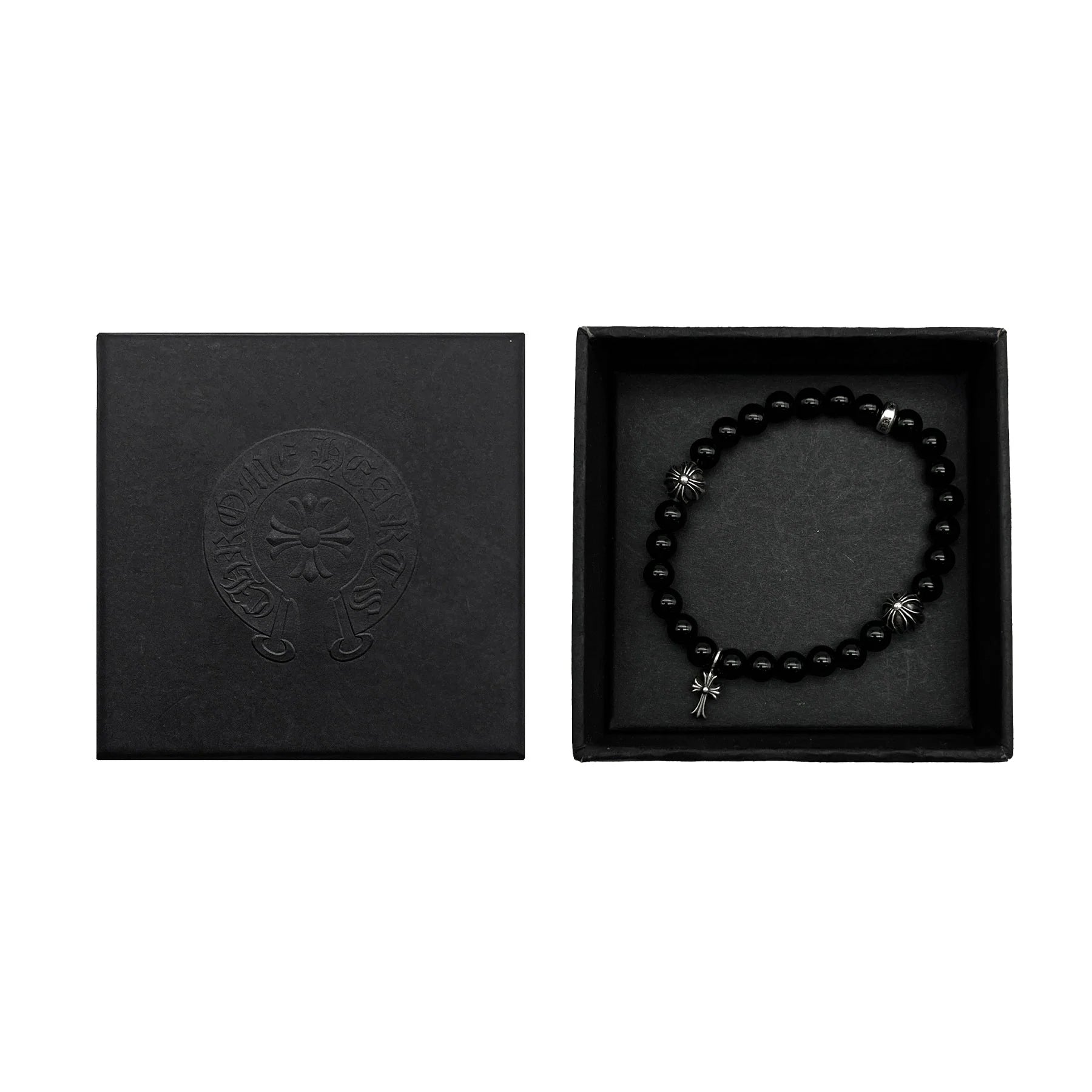 Chrome Hearts Jewely 6mm Obsidian Silver Cross Beaded Bracelet