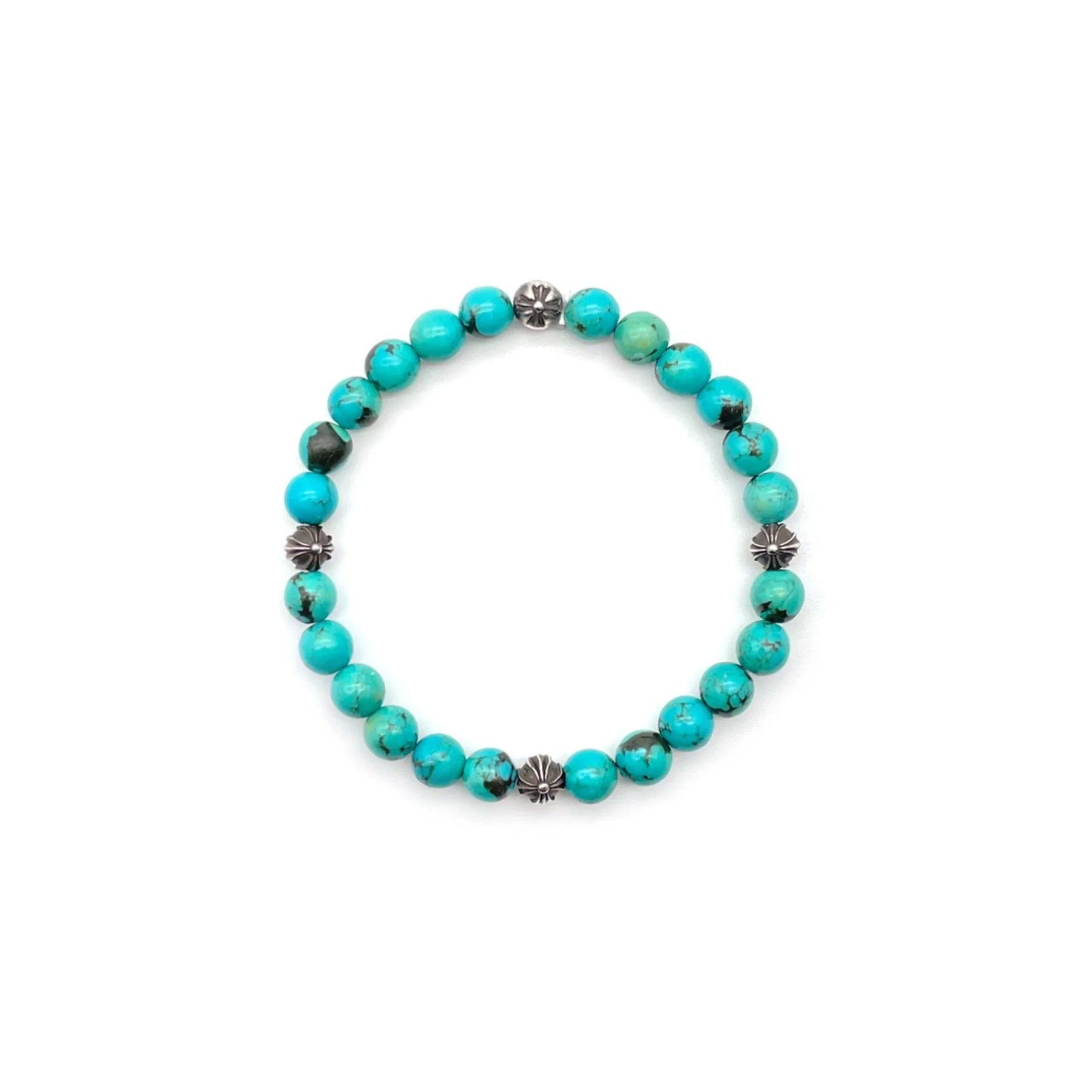 Chrome Hearts 6mm Turquoise Beaded 4 Silver Cross Ball Bracelet