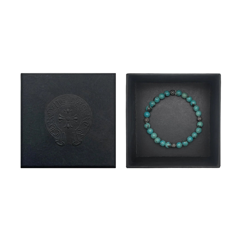 Chrome Hearts 6mm Turquoise Beaded 4 Silver Cross Ball Bracelet