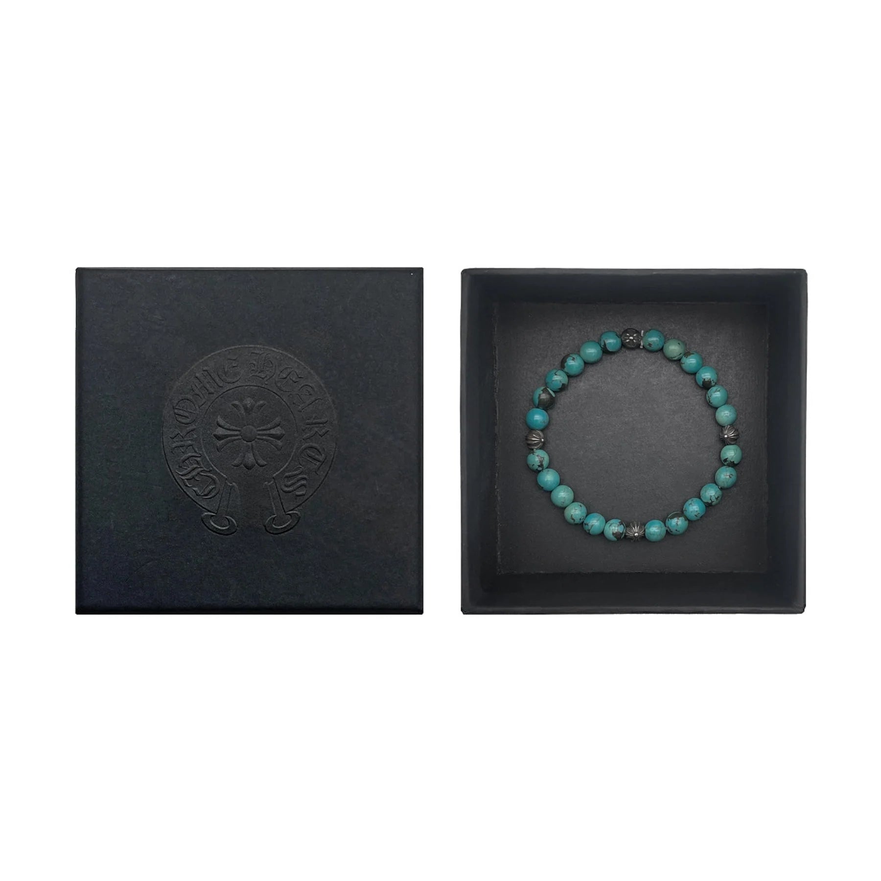 Chrome Hearts 6mm Turquoise Beaded 4 Silver Cross Ball Bracelet
