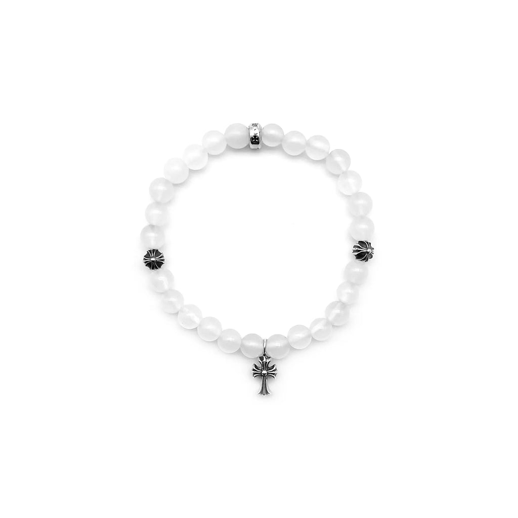 6mm White Agate Silver Cross Pendant Beaded Chrome Hearts Bracelet