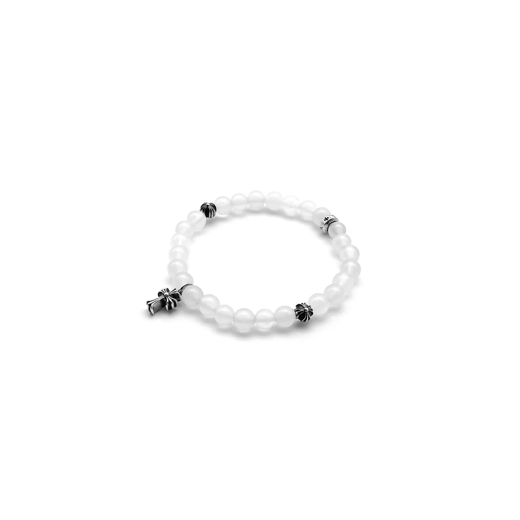 6mm White Agate Silver Cross Pendant Beaded Chrome Hearts Bracelet