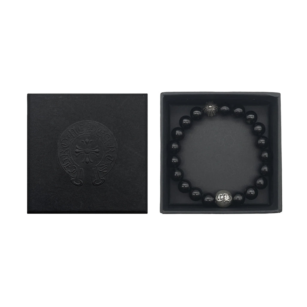 8mm Beaded Obsidian Silver Bracelet Chrome Hearts Jewelry