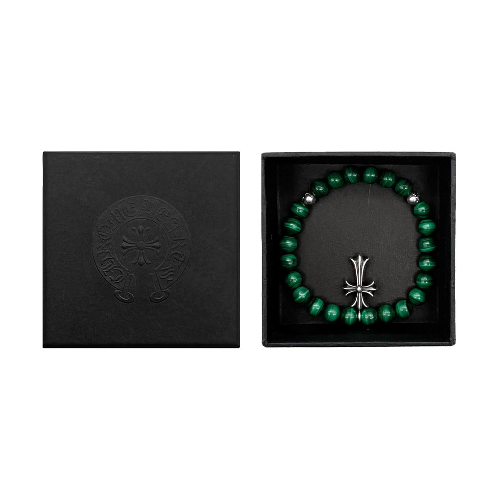 Chrome Hearts 8mm Malachite Grand Cross Pendant Bracelet