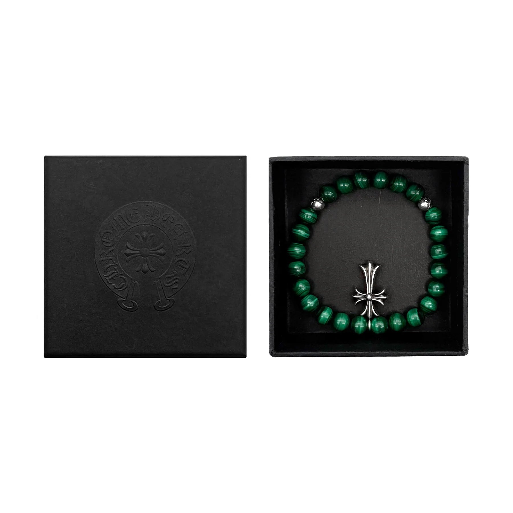 Chrome Hearts 8mm Malachite Grand Cross Pendant Bracelet