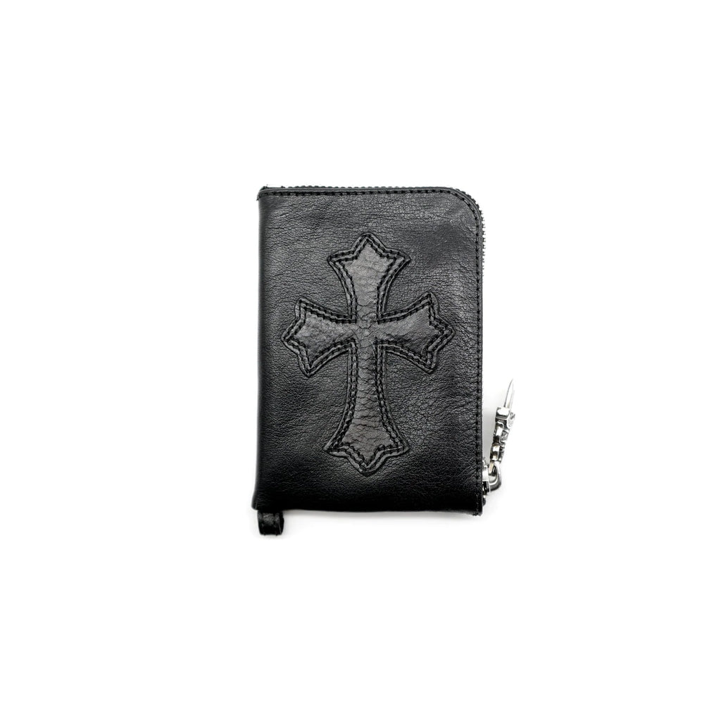Leather Cross Patch Silver Scroll Zipper Wallet Black