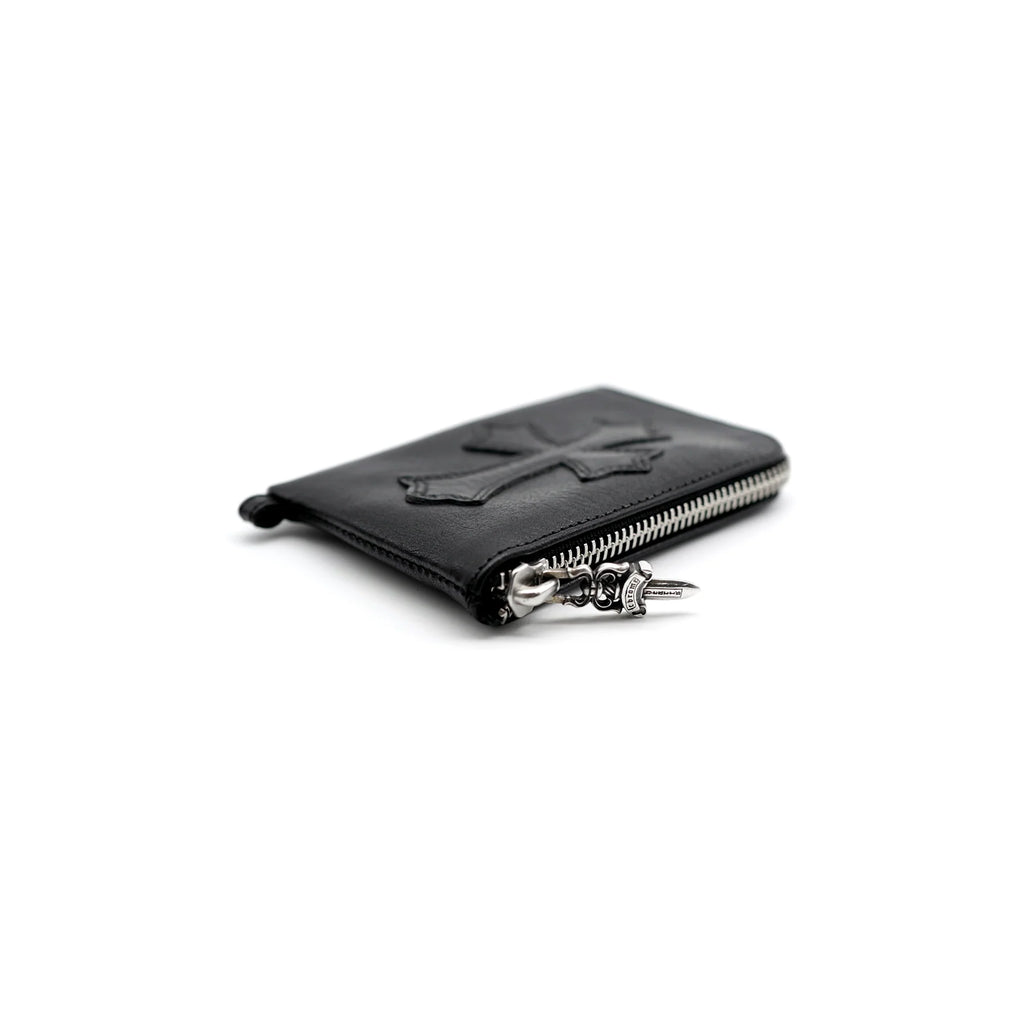 Leather Cross Patch Silver Scroll Zipper Wallet Black