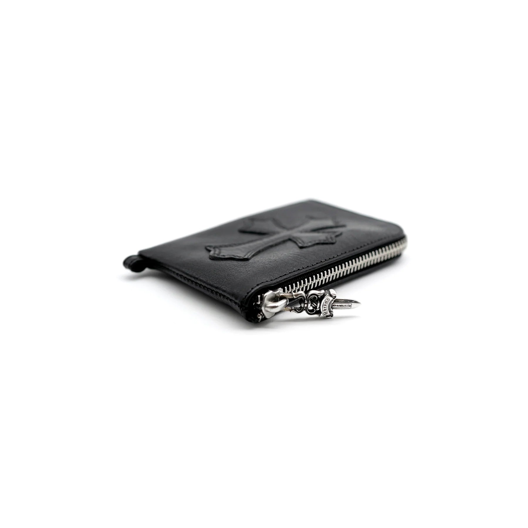 Leather Cross Patch Silver Scroll Zipper Wallet Black