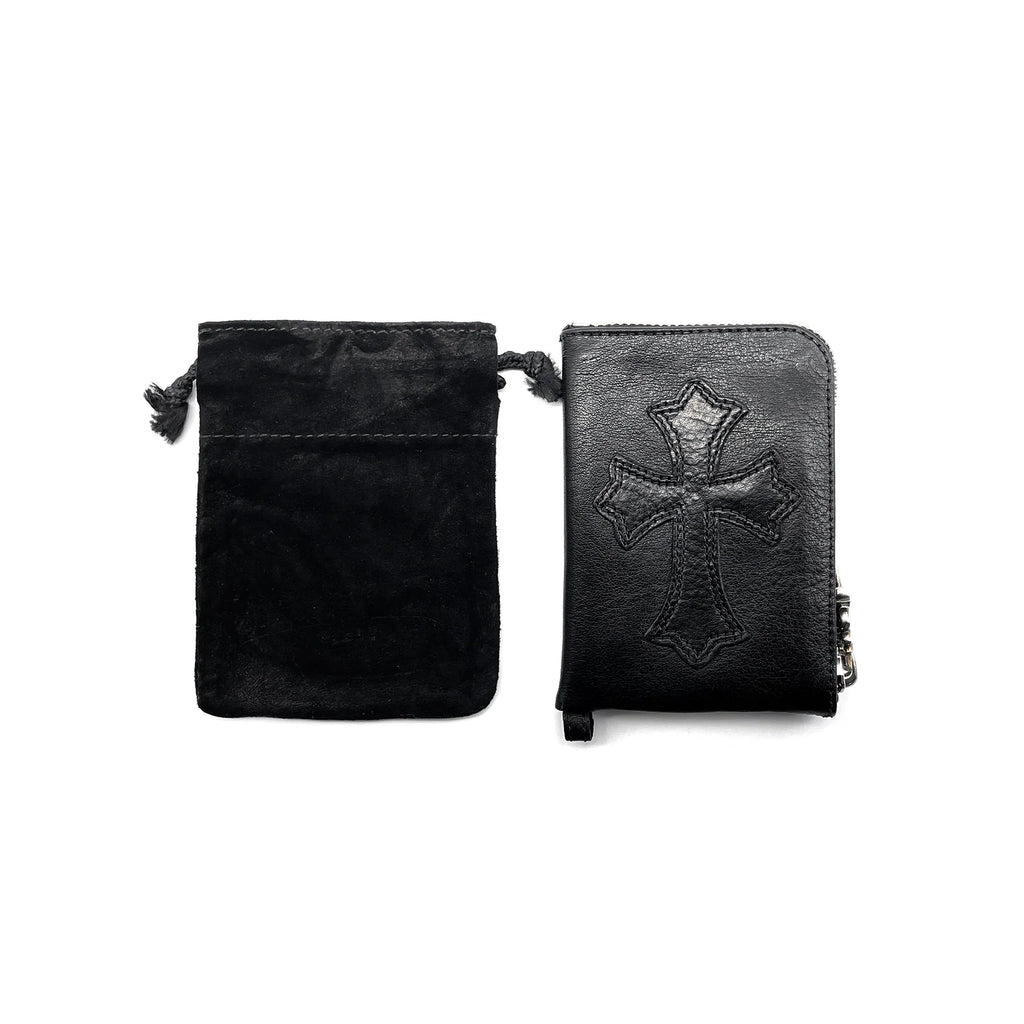 Leather Cross Patch Silver Scroll Zipper Wallet Black