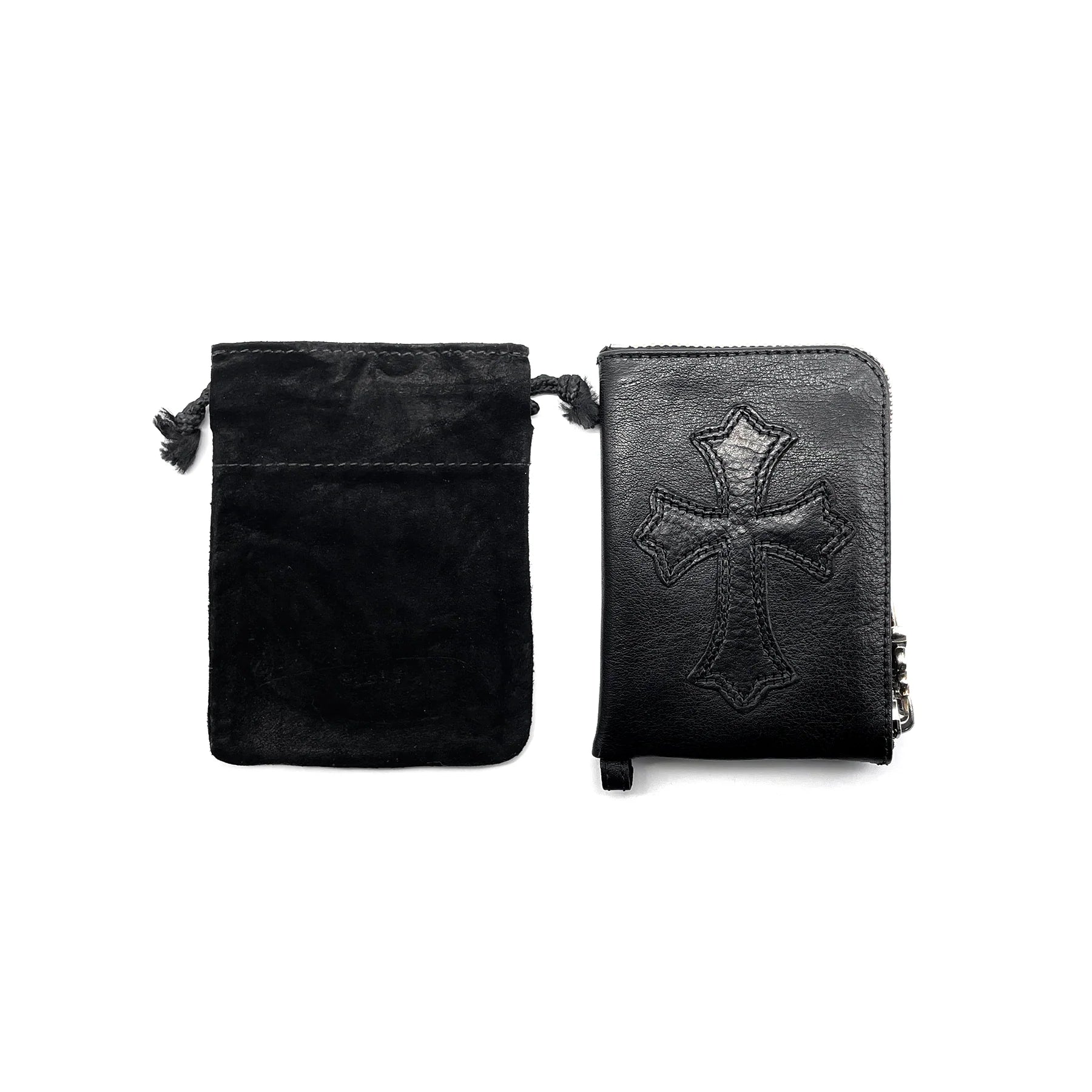 Leather Cross Patch Silver Scroll Zipper Wallet Black