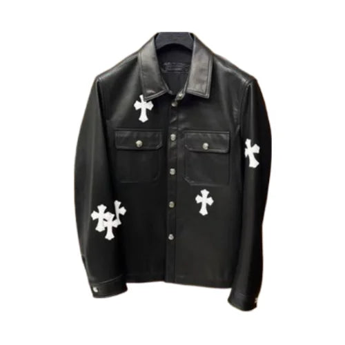 White Cross Patch Chrome Hearts Work Dog Leather Jacket