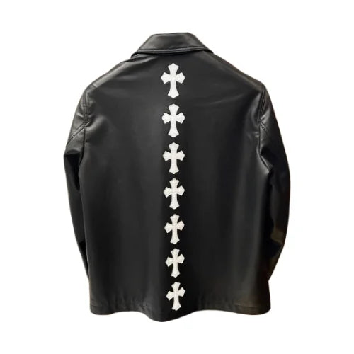 White Cross Patch Chrome Hearts Work Dog Leather Jacket