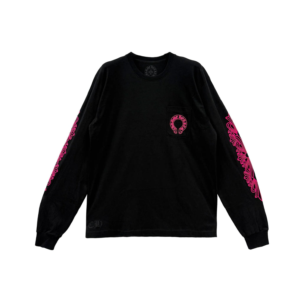 Classic Pink Horseshoe Logo Black Long Sleeve Tee