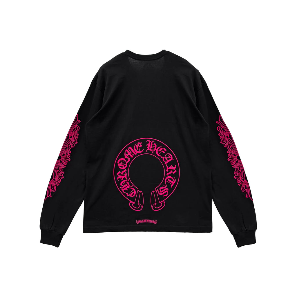 Classic Pink Horseshoe Logo Black Long Sleeve Tee
