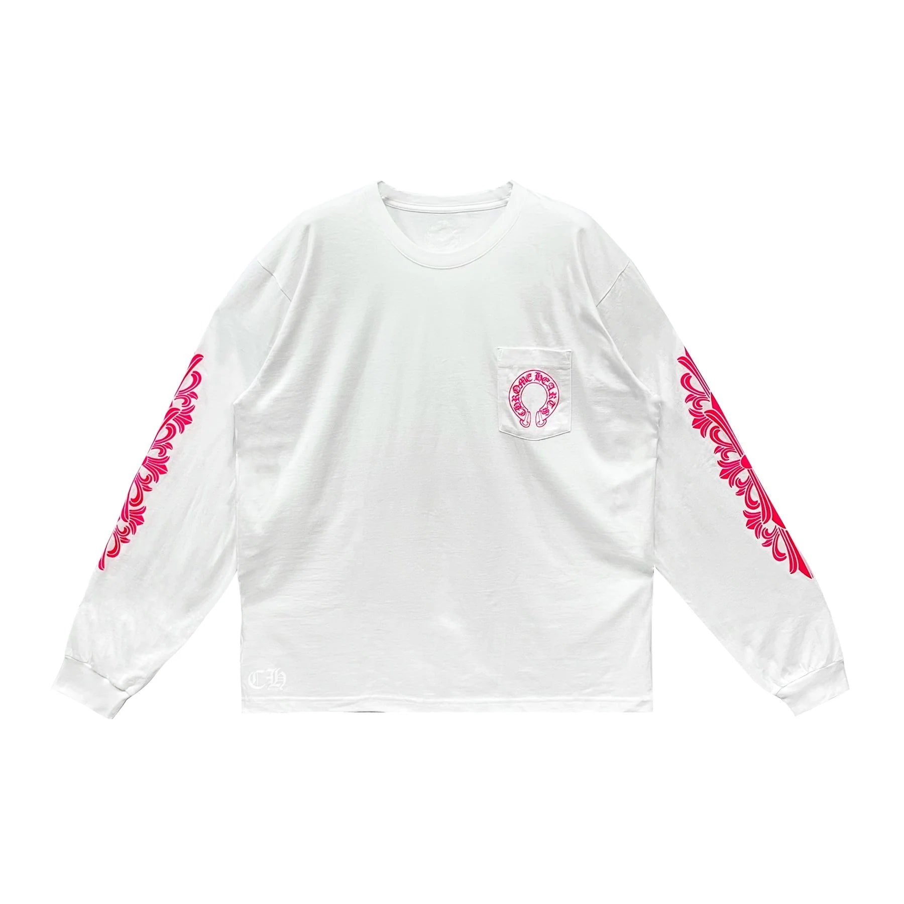 Classic Pink Horseshoe Logo Long Sleeve Chrome Hearts White Tee