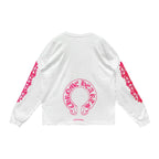 Classic Pink Horseshoe Logo Long Sleeve Chrome Hearts White Tee