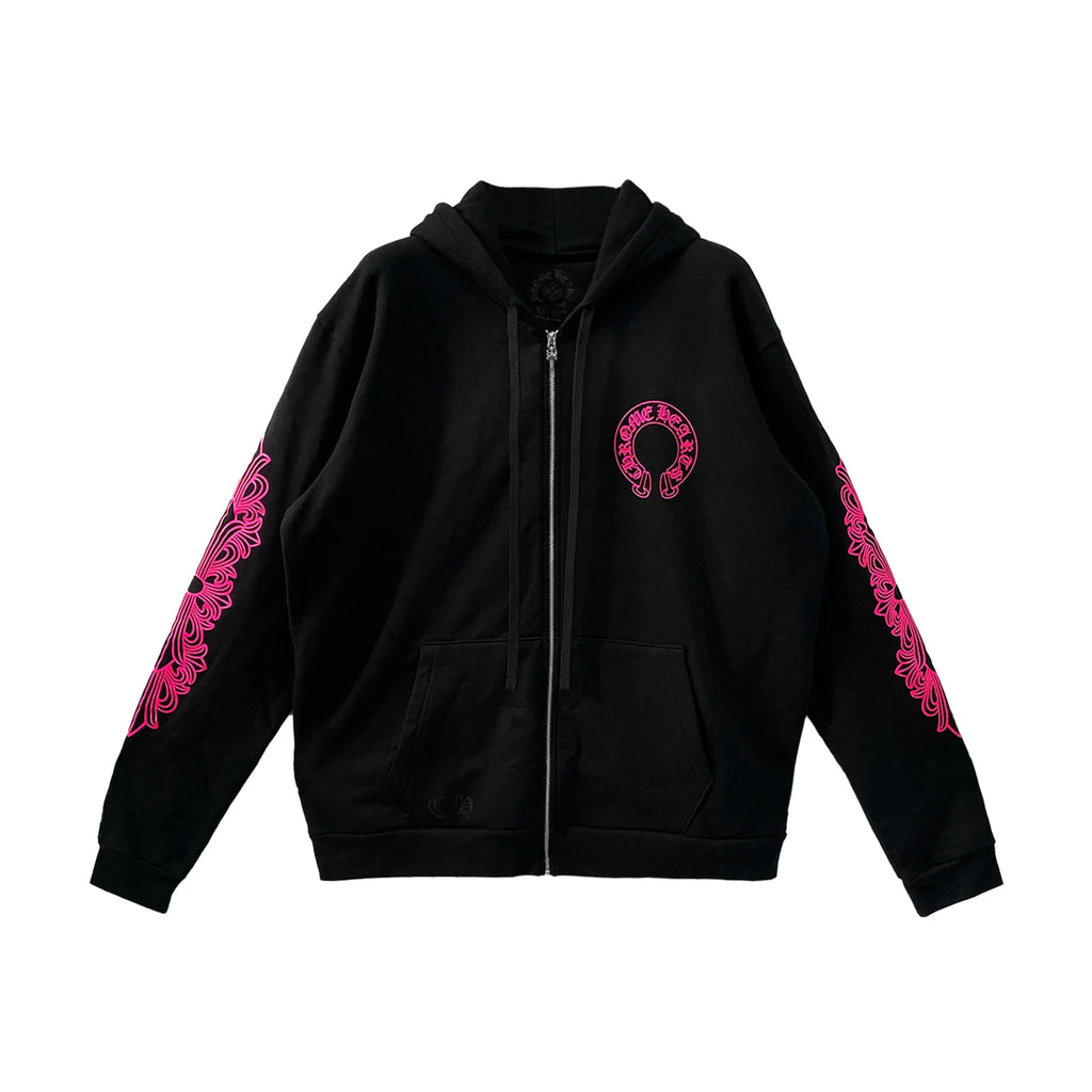 Chrome Hearts Pink Horseshoe Floral Sleeve Zip Up Hoodie