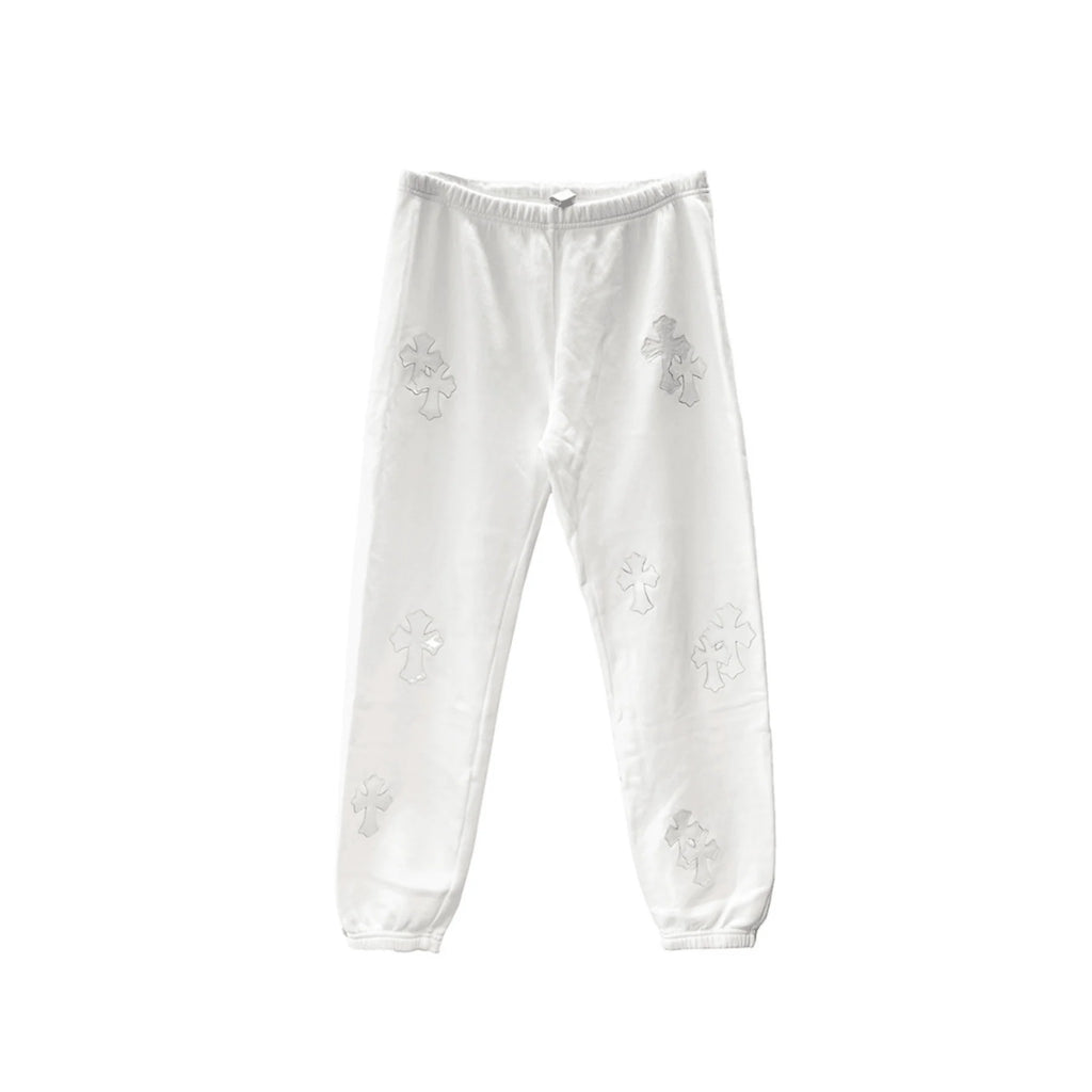 White Leather Cross Chrome Hearts Sweatpants
